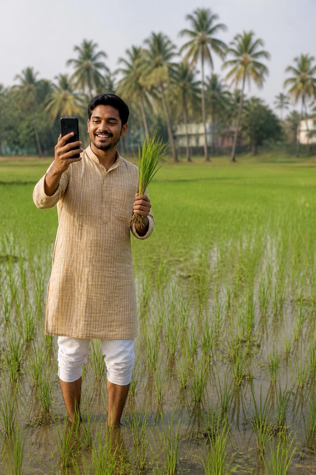 Young farmer on a video call from his paddy field, showing the rice crop