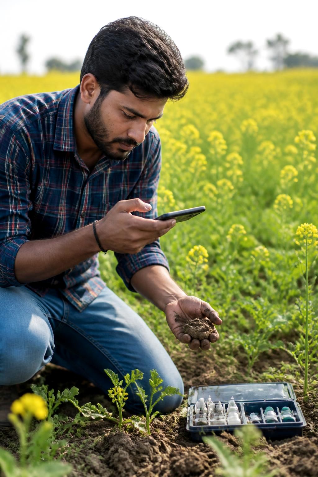 Young farmer photographing a soil test result on his smartphone in a mustard field
