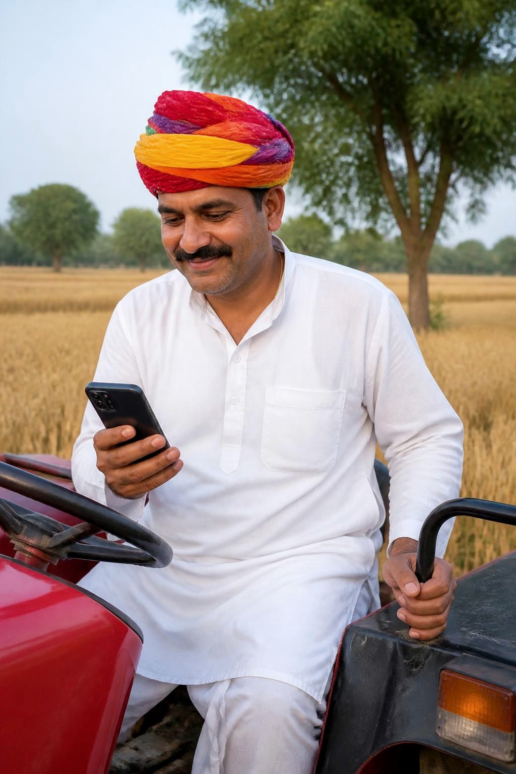 Farmer in a turban checking mandi prices on his smartphone from his tractor seat
