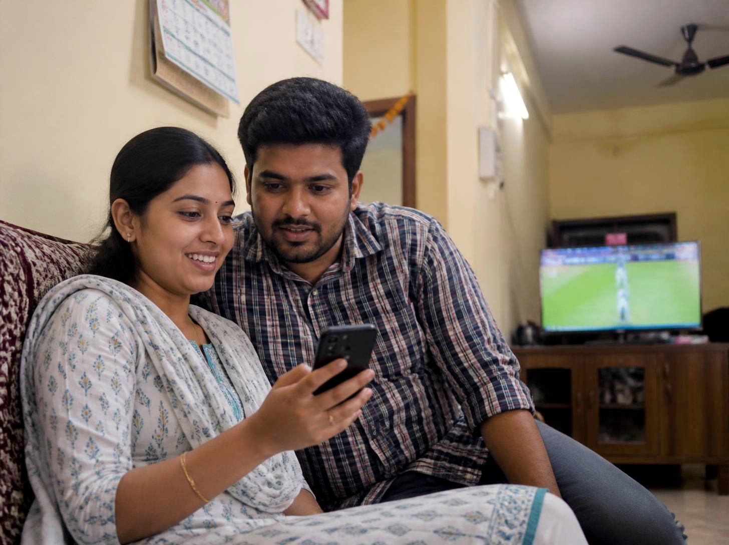 Young couple at home showing a UPI payment on a smartphone, cricket on the TV behind them