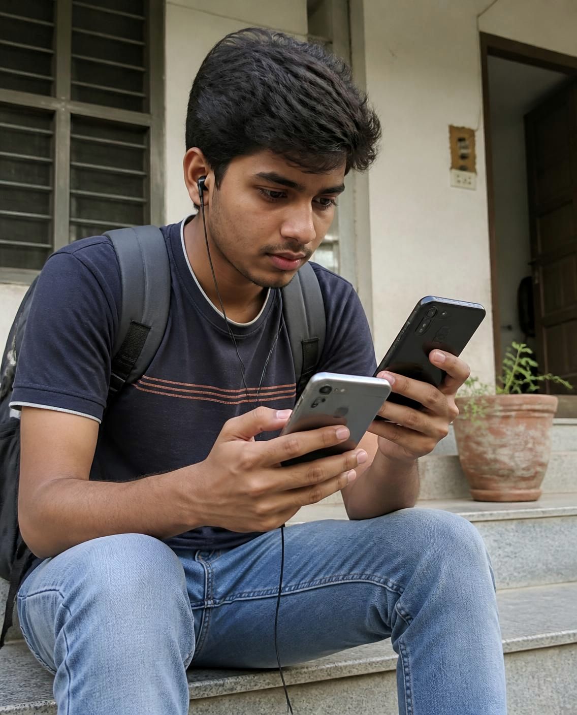 Coaching student in Kota comparing phones on his smartphone outside his hostel