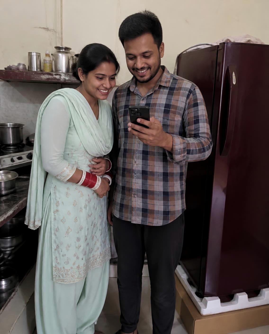 Newly married couple beside their new refrigerator, checking an EMI payment on a smartphone