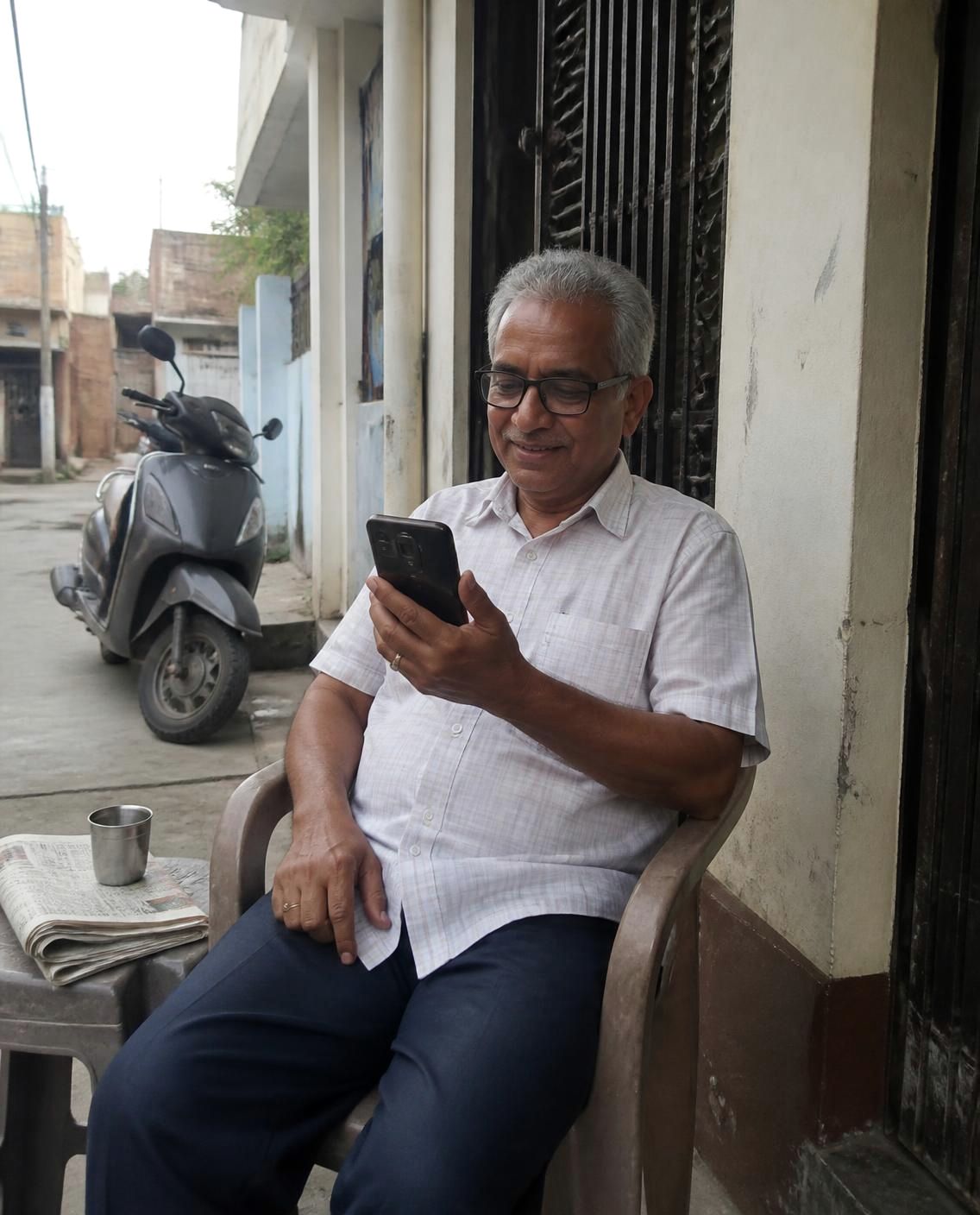 Retired school principal watching a video on his smartphone on the verandah of his small-town home