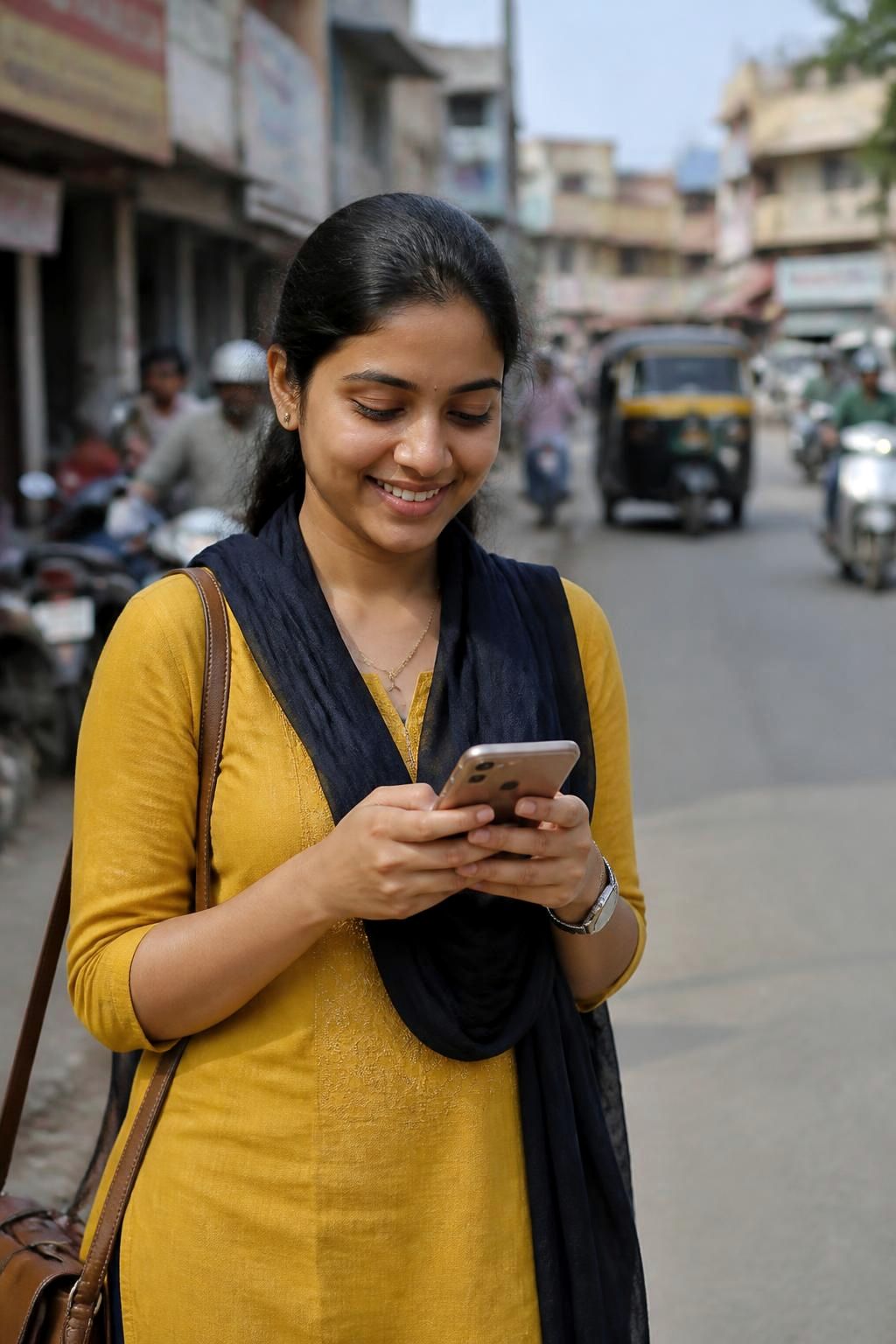 Young woman in a kurta smiling at her smartphone on a small-town main street
