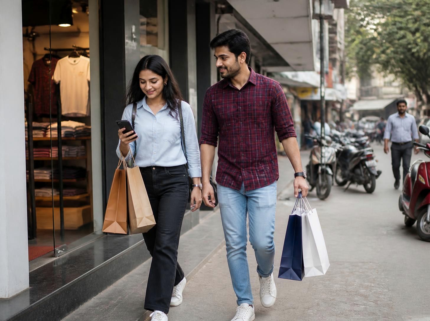 Young couple with shopping bags leaving a clothing store on a town market street