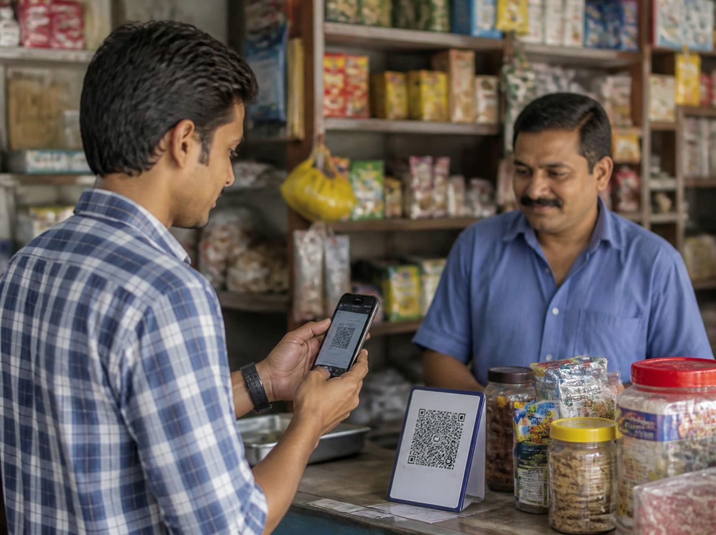 Young man paying by UPI QR code at a neighbourhood kirana shop