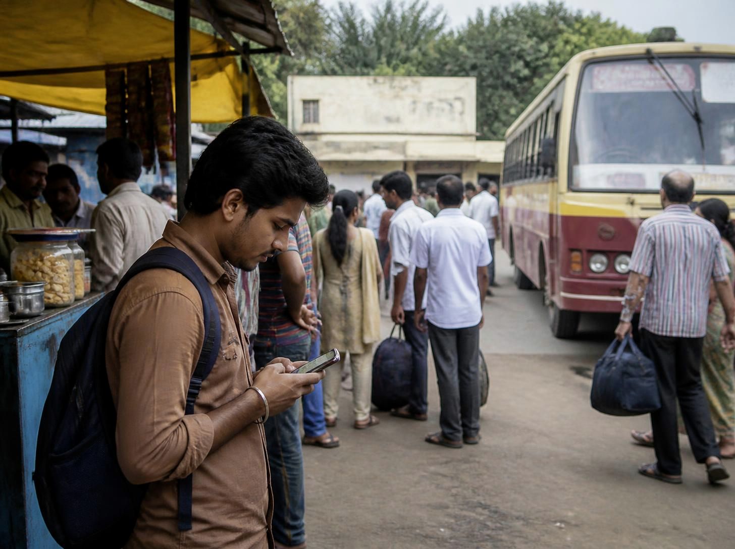 Young man with a backpack checking his phone at a busy town bus stand