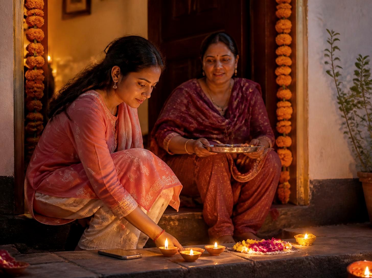 Daughter and mother lighting diyas on their doorstep at Diwali