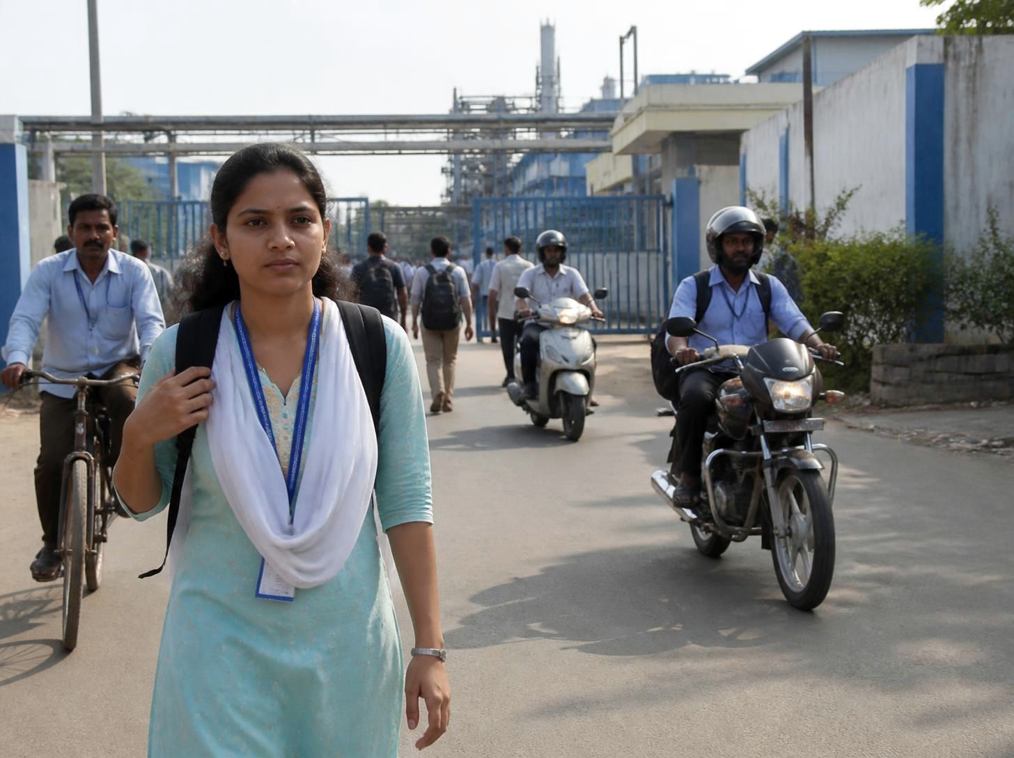 Young woman walking to work at an industrial estate, colleagues arriving on scooters and bicycles