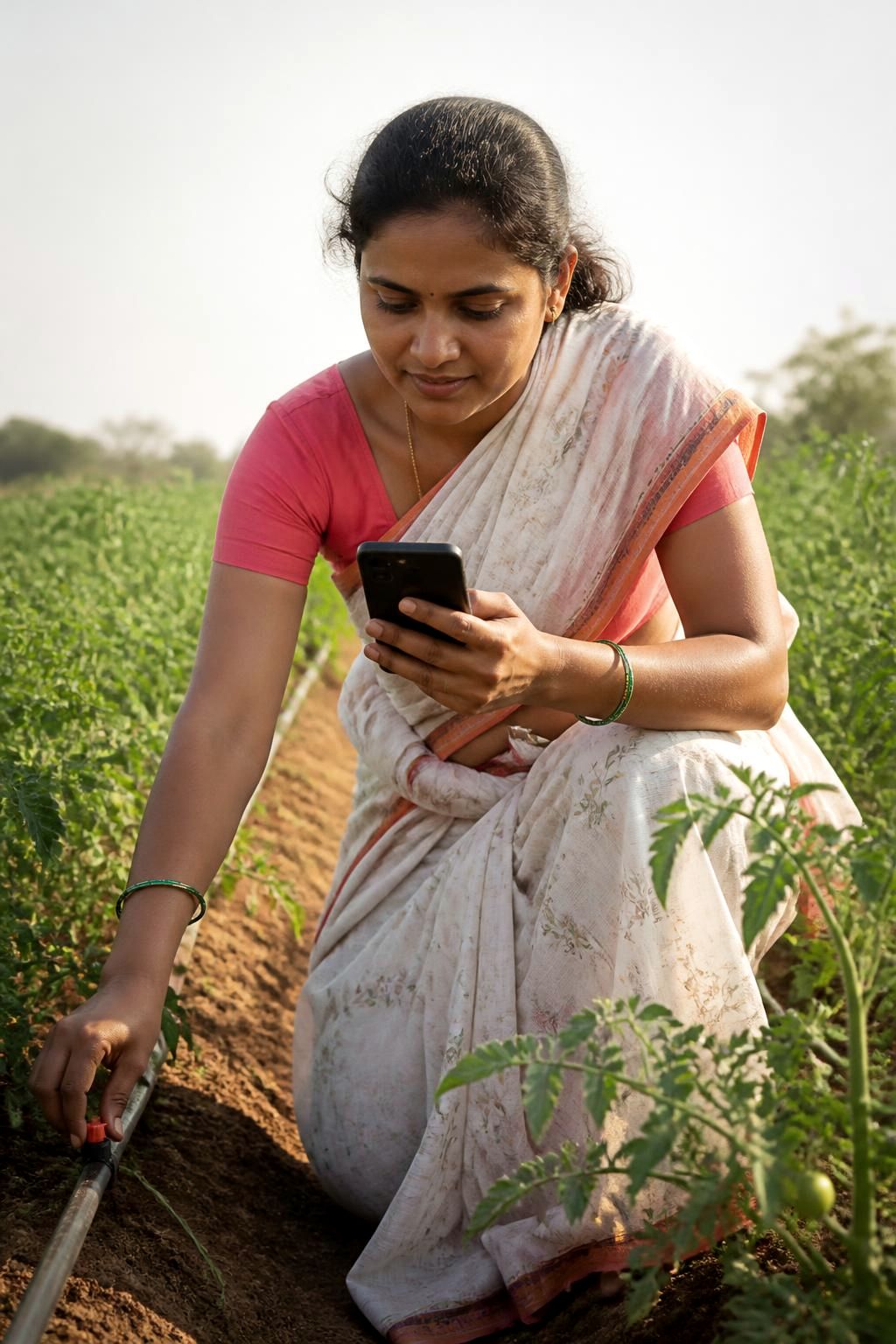 Woman farmer checking an app on her smartphone beside drip irrigation in her vegetable field