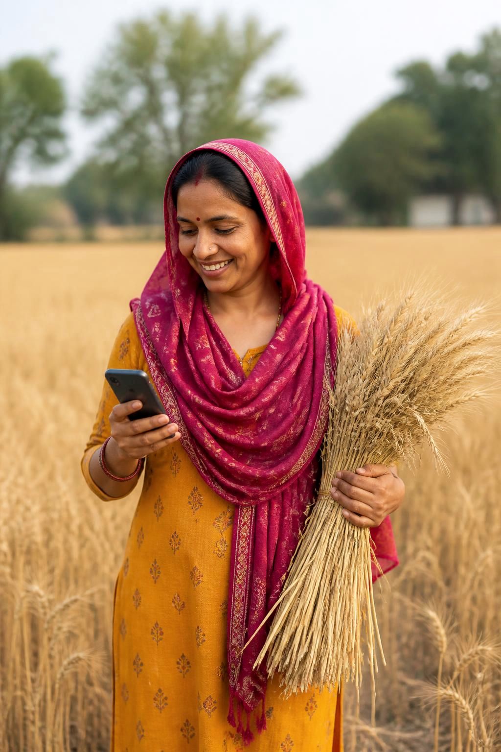 Woman farmer holding harvested wheat and reading a message on her smartphone